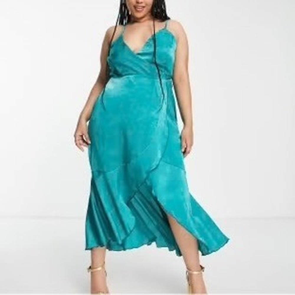 Flounce London Satin Wrap Maxi‎ Dress Womens 10 Emerald Wedding Guest Cocktail
